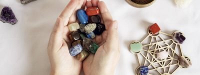 Healing chakra crystal grid therapy. Rituals with gemstones for wellness, healing, meditation, destress, relaxation, mental health, spiritual practices. Energetical power concept
